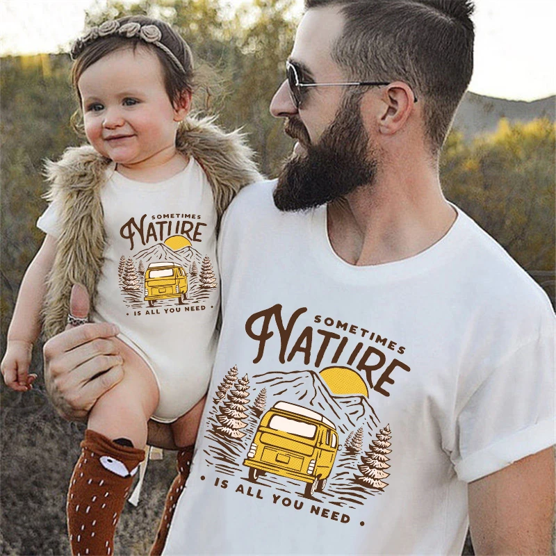 Sometimes Nature Is All You Need Matching Family T Shirts Vintage Camper Print Mom Dad Kids Tees Camping Vacation Family Outfit