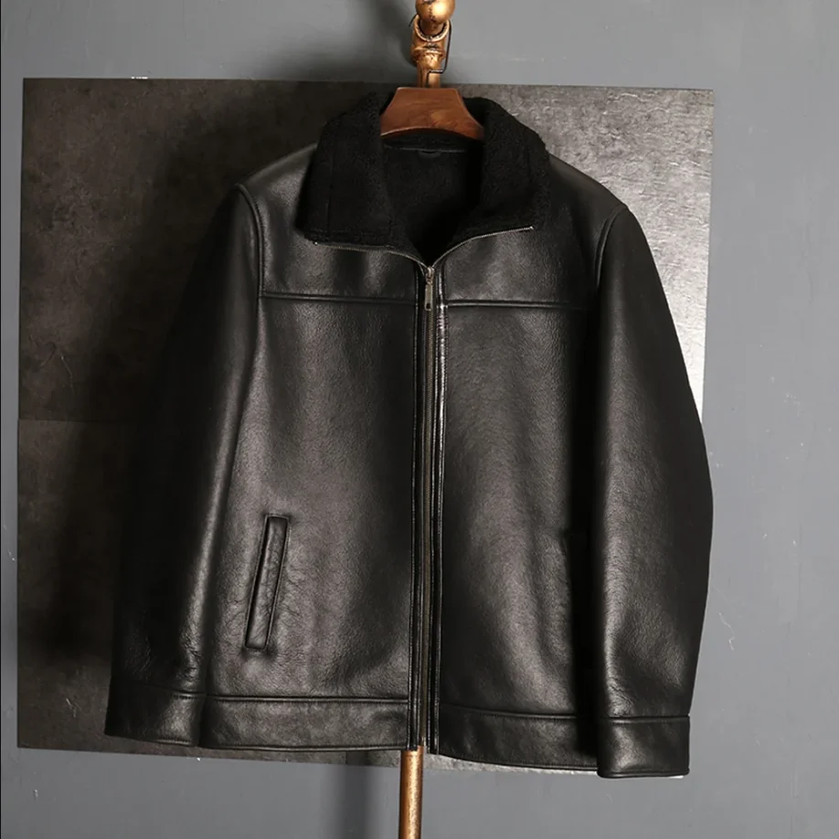 

Denny&Dora Men's Sheepskin Coat - Black Shearling Winter Jacket, Short Style Fur Trench Coat