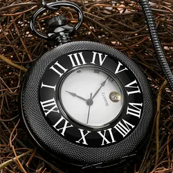 Vintage Engraved Roman Number Display Quartz Pocket Watch for Men Women Fob Pendant Chain Date Function Collectable Clock Gift