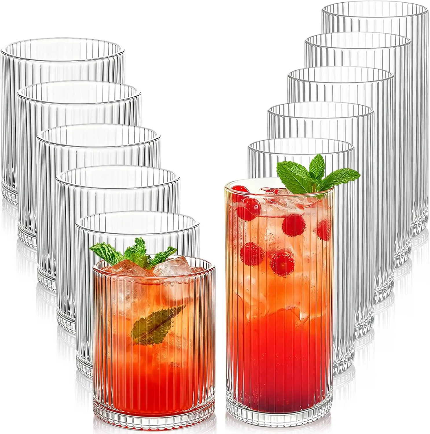 

Ribbed Drinking Glasses 12pc Set, 10oz & 12oz Highball Cups for Cocktails, Juice, or Coffee