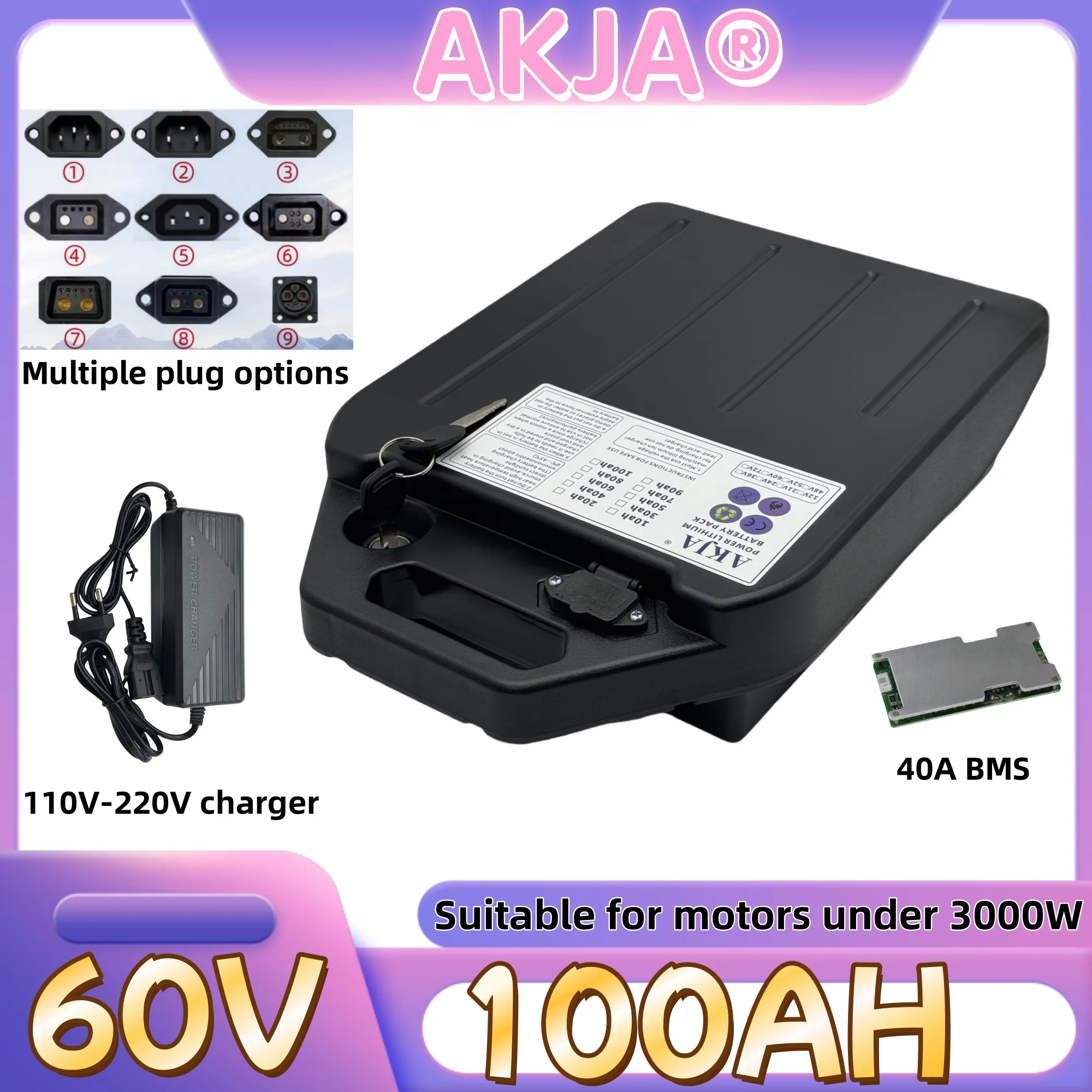 

Air fast transportation，Send within 24 hours，60V100AH，18650 lithium battery，Lithium battery pack，Suitable for motors below 3000W