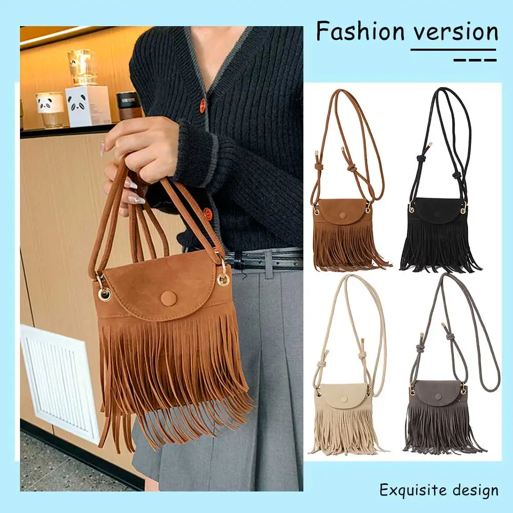 

Fringe Design Messenger Bag with Adjustable Strap Everyday Shoulder Bag Trendy Leather Shoulder Bag Tassel Solid Color Versatile