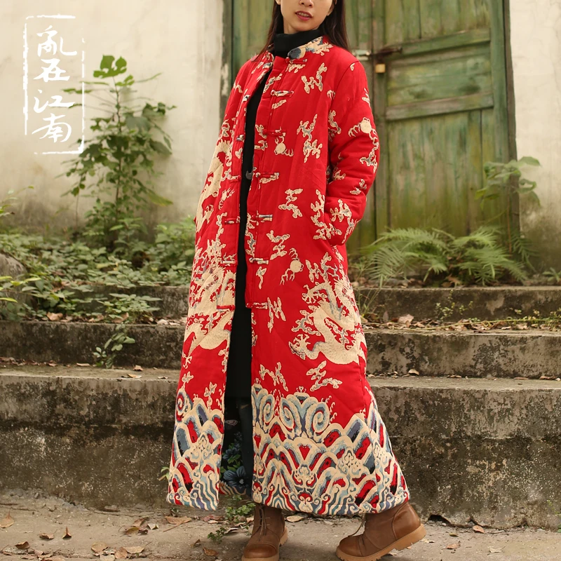 LZJN-Long Quilted Jacket for Women, Cotton Padded Coat, Vintage Chinese Dragon Trench, Warm Outerwear, Maxi Coat, Winter