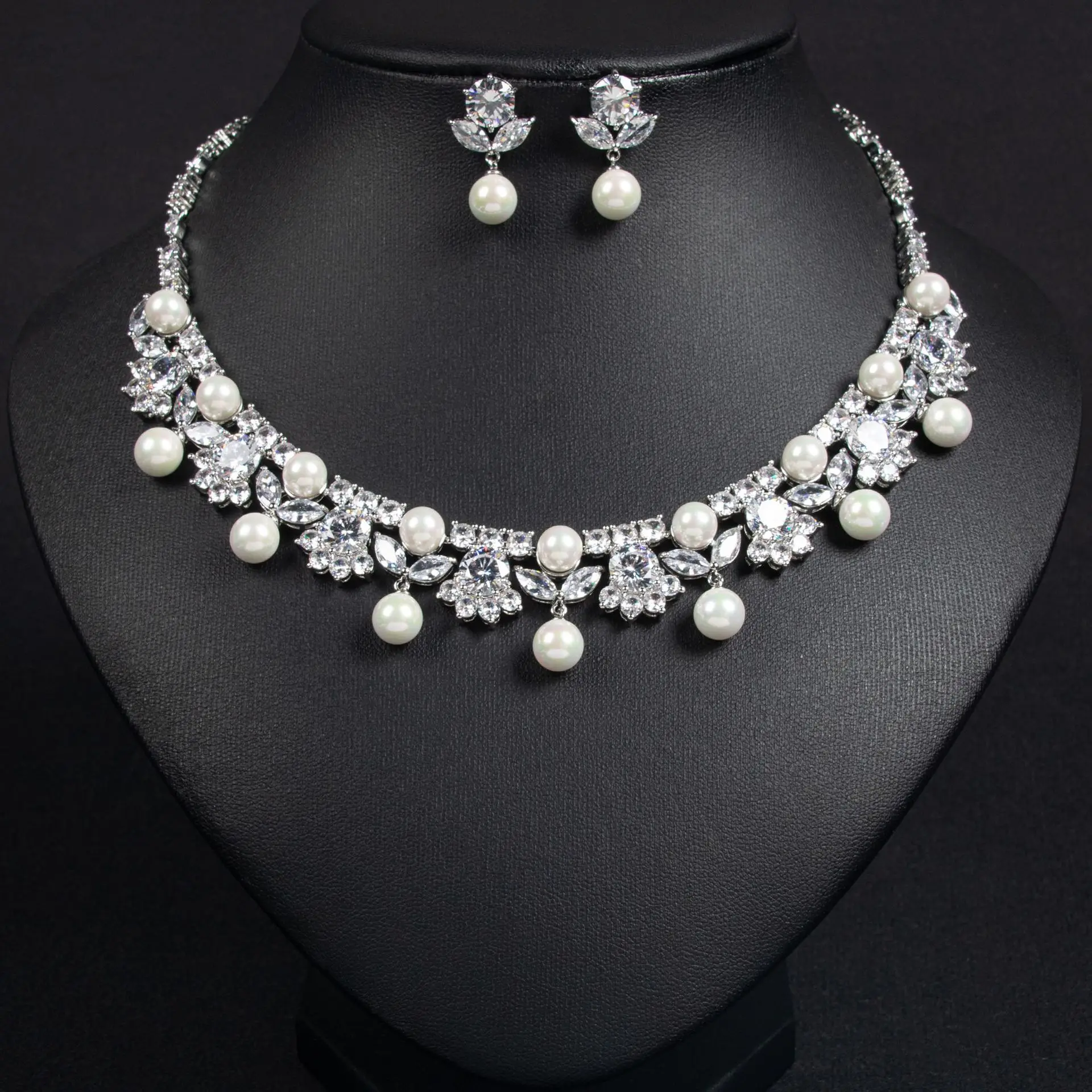 

Wedding luxurious pearl full diamond AAA zircon necklace and earring set bridal jewelry