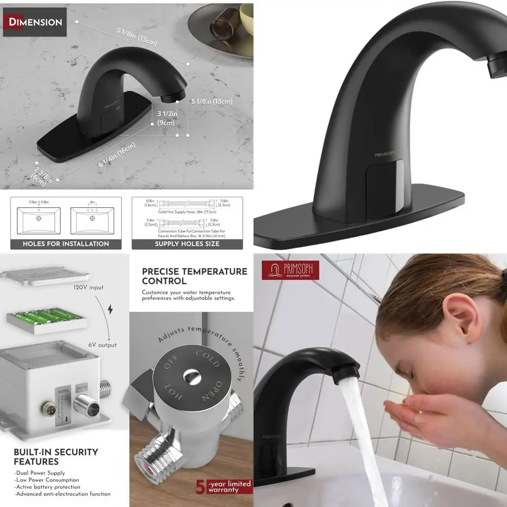 

Battery-Powered Infrared Touchless Commercial Bathroom Sink Faucet with Matte Black Cover Plate and Temperature Control