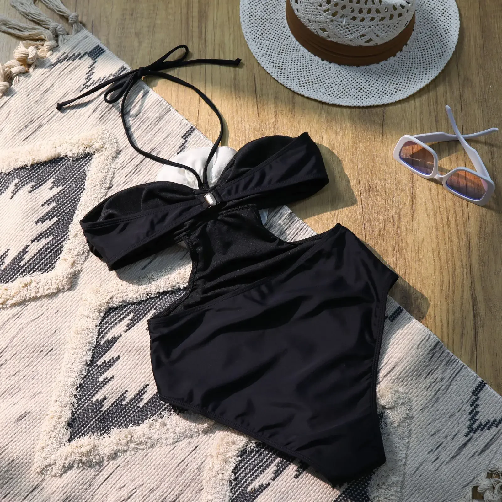 sexy 3D white flower cut out swimsuit one piece black bikini padded thong swimwear female bathing suit biquini bodysuits