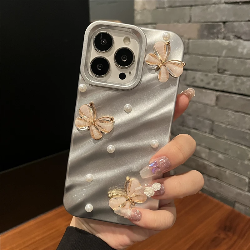 3D Crystal Butterfly Pearl Water Ripple Plating Case For iPhone 15 14 13 12 11 Pro Max X XS XR 7 8 Plus SE 3 Shockproof Cover