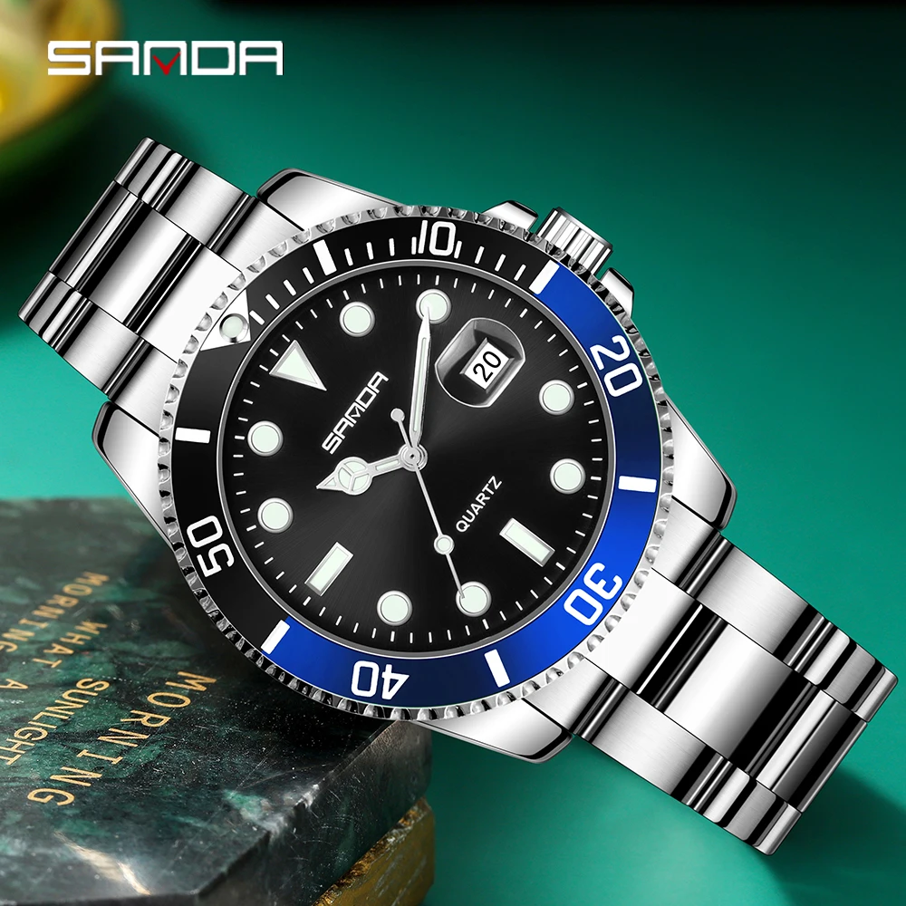 SANDA Business Stainless Steel Watch Classic Red Blue Circle Diving Series Magnifying Glass Calendar Quartz Watches Montre Homme