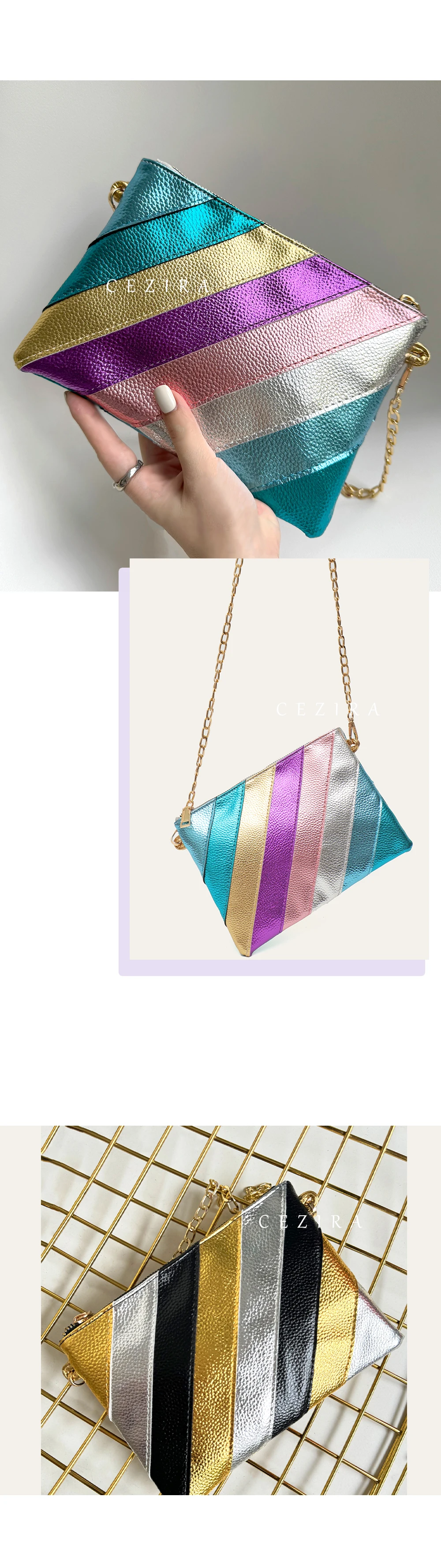Luxus funky Metallic Farbe Streifen Pu Leder Handtasche Damen quadratische Clutch Metall kette Cross Body Geldbörse Mode Y2k Party Abschluss ball – Detail 2