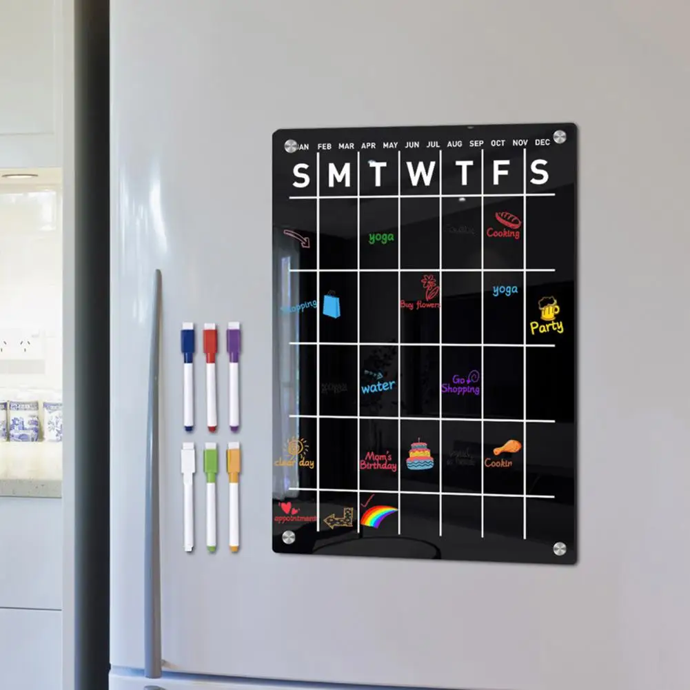 텍스트 블랙 캘린더 주간 플래너 화이트 보드, 마그네틱 냉장고 아크릴 보드, 블랙 텍스트, 쉬운 읽기, 6 마커