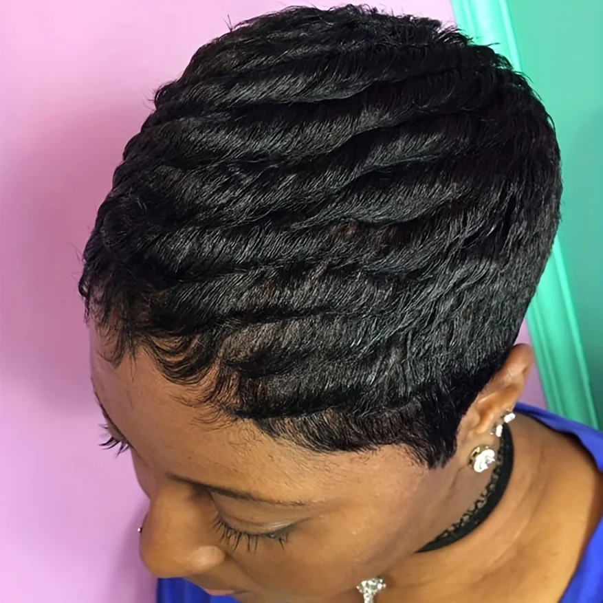 密度150% 4インチ ピクシーカット カールウェーブ 人毛ウィッグ 女性用 フルマシンメイドウィッグ デイリーユース＆パーティー用