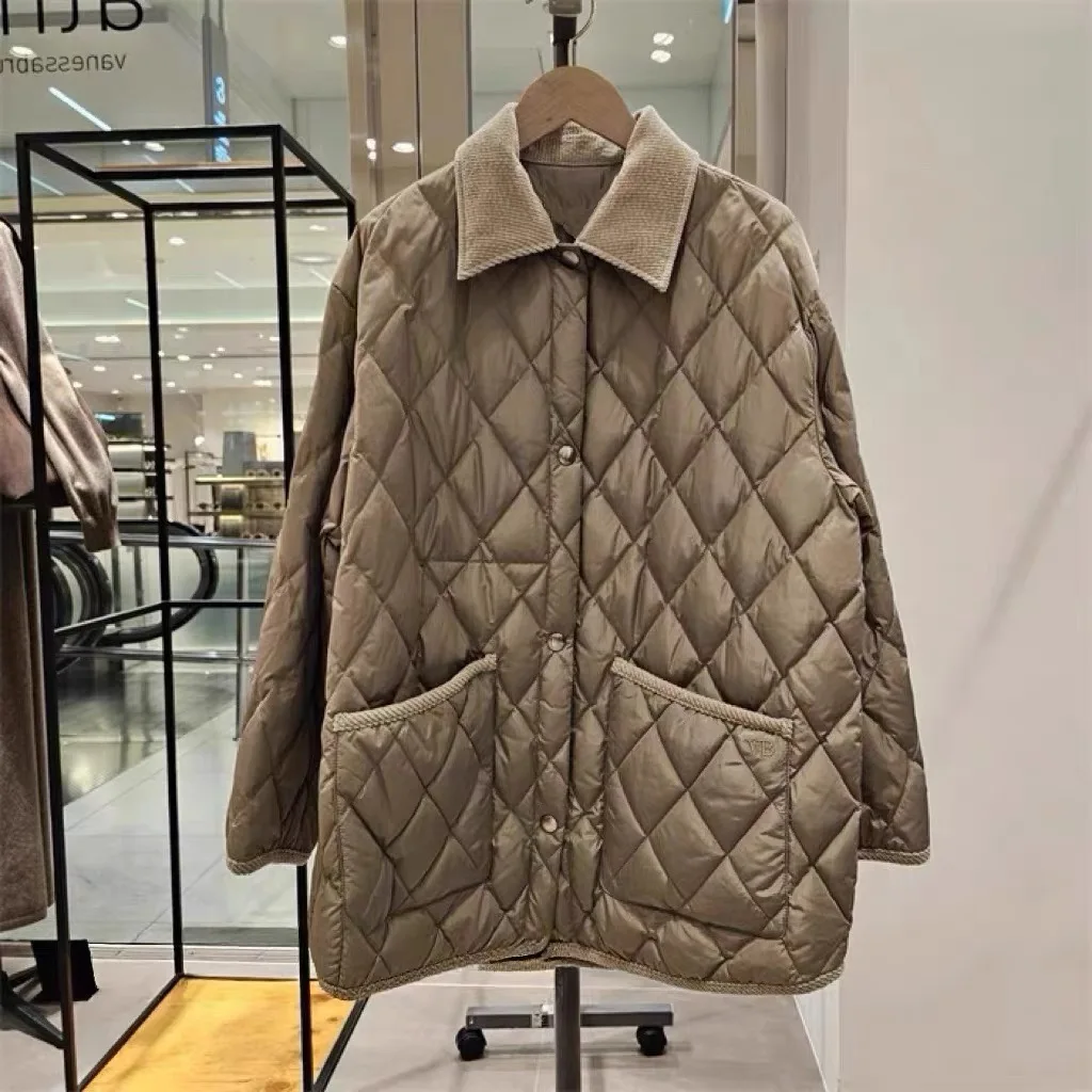 

Faionable Lemon Cheese VB25 Winter Long Quilted Corduroy Collar Patchwork Goose down Jaet Women's Commute Sle Loose Fit