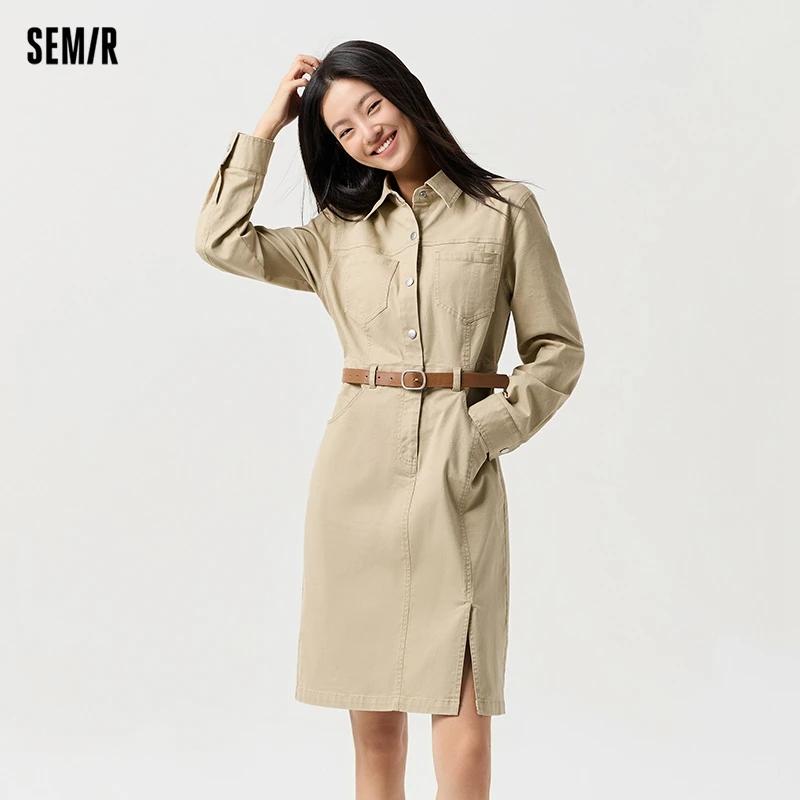 Semir Dress Women Slit Lapel Vintage 2025 Spring New Waist-cinching Workwear Dress