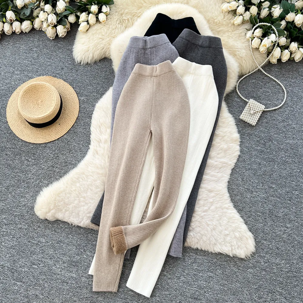 Karofi Thermal Lined Knit Leggings Women High Waist Warm Fleece Lined Stretch Ribbed Pants Winter Soft Skinny Trousers P309