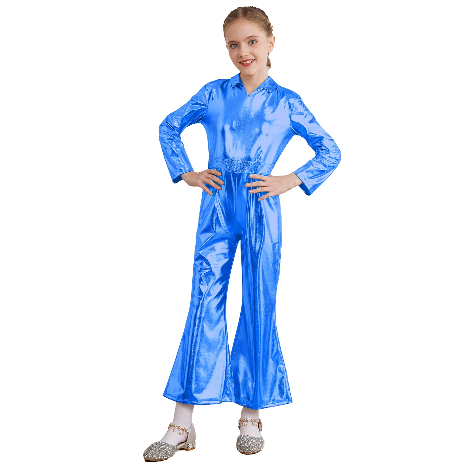 Kids Boys Girls Retro Metallic Jumpsuit Shiny Long Sleeve Bell-Bottomed Leotard Teens Bodysuit Children Disco Jazz Dance Costume