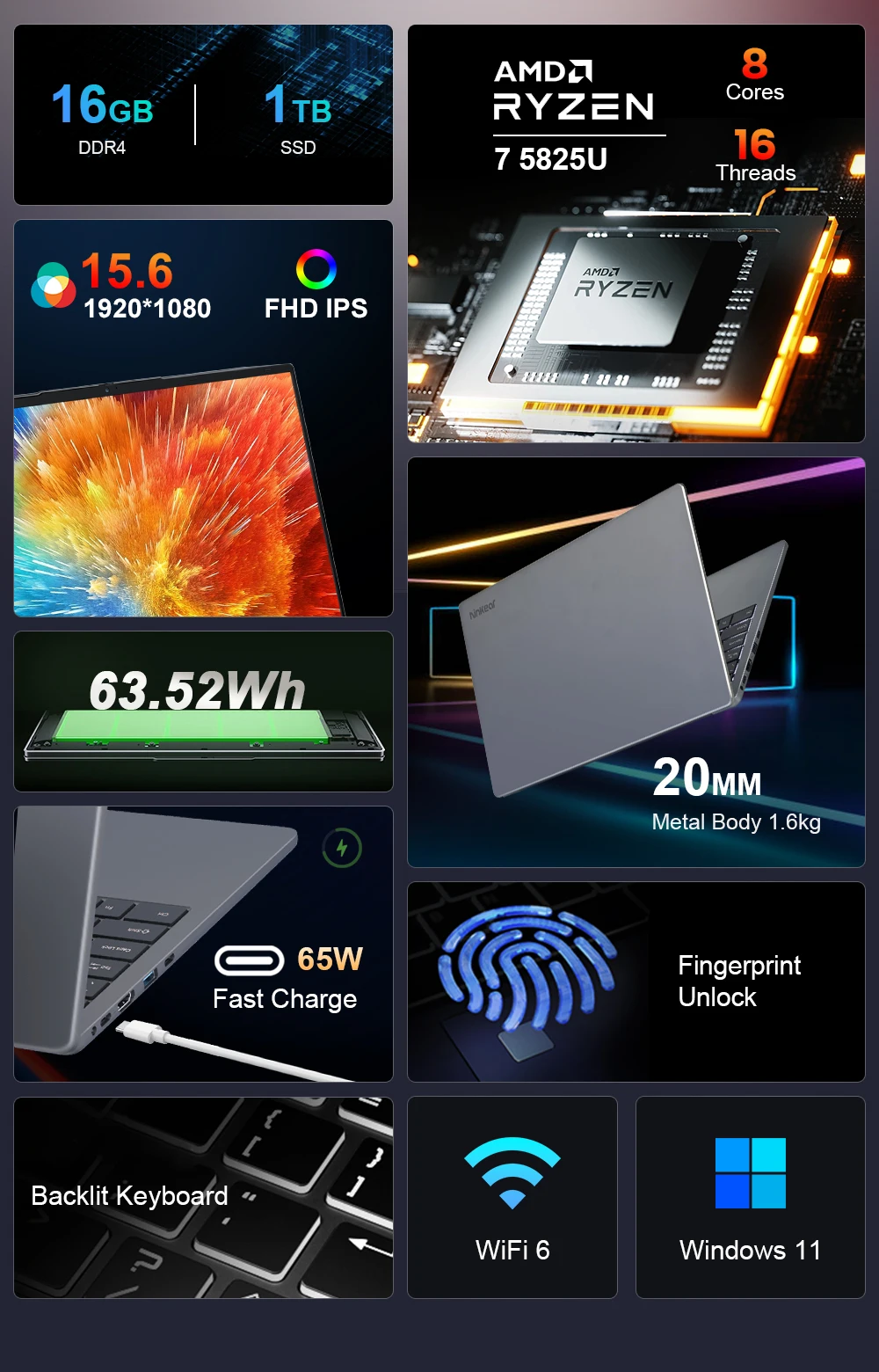 [Ship From Within Europe]Ninkear A15 Plus Laptop AMD Ryzen 7 5825U 15.6" FHD+ Display 16GB RAM+1TB SSD Wi-Fi 6 Bluetooth 4.0 Windows 11 Pro 63.52Wh Battery 65W Charging