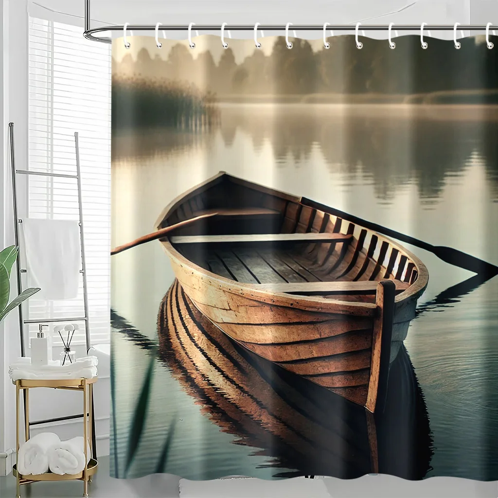 

Wooden Boat Lake Shower Curtain, Serene Nature Scenery Print, Waterproof Polyester Bathroom Decor for Home