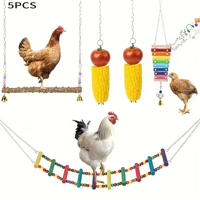 

5 random color toys for chicken coop accessories, bell piano, hanging chair, flexible ladder,
