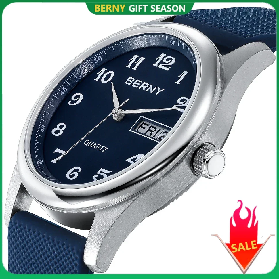 BERNY Men\'s Watches Calendar Weeks Quartz Men Wristwatch Stainless Steel Case Soft Silicone Easy Read Waterproof Dress Watch