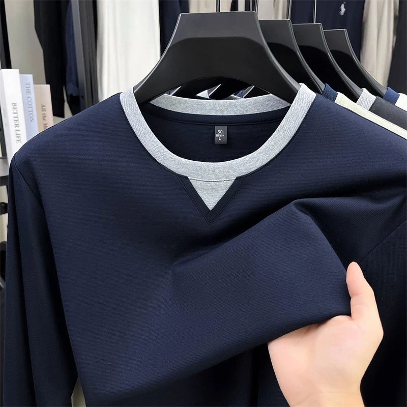 High end spliced round neck long sleeve T-shirt fashion men's autumn new comfort texture leisure light luxury sweatshirt top