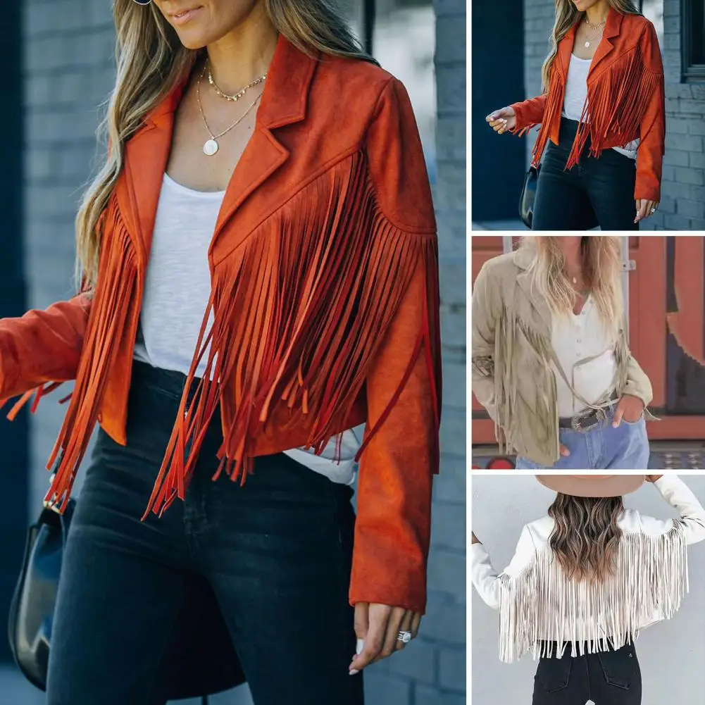 Autumn Women Fringed Hem Tassel Cardigan Crop Tops E girl Motor Biker Jacket Suede Leather Jacket 90s Vintage Streetwear Coa