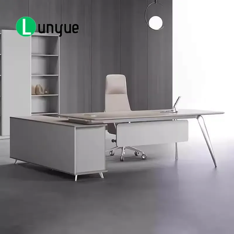 L Shaped Executive Desk with Side Cabinet Modern Luxury Manager Office Table High End Business Furniture for Home Office