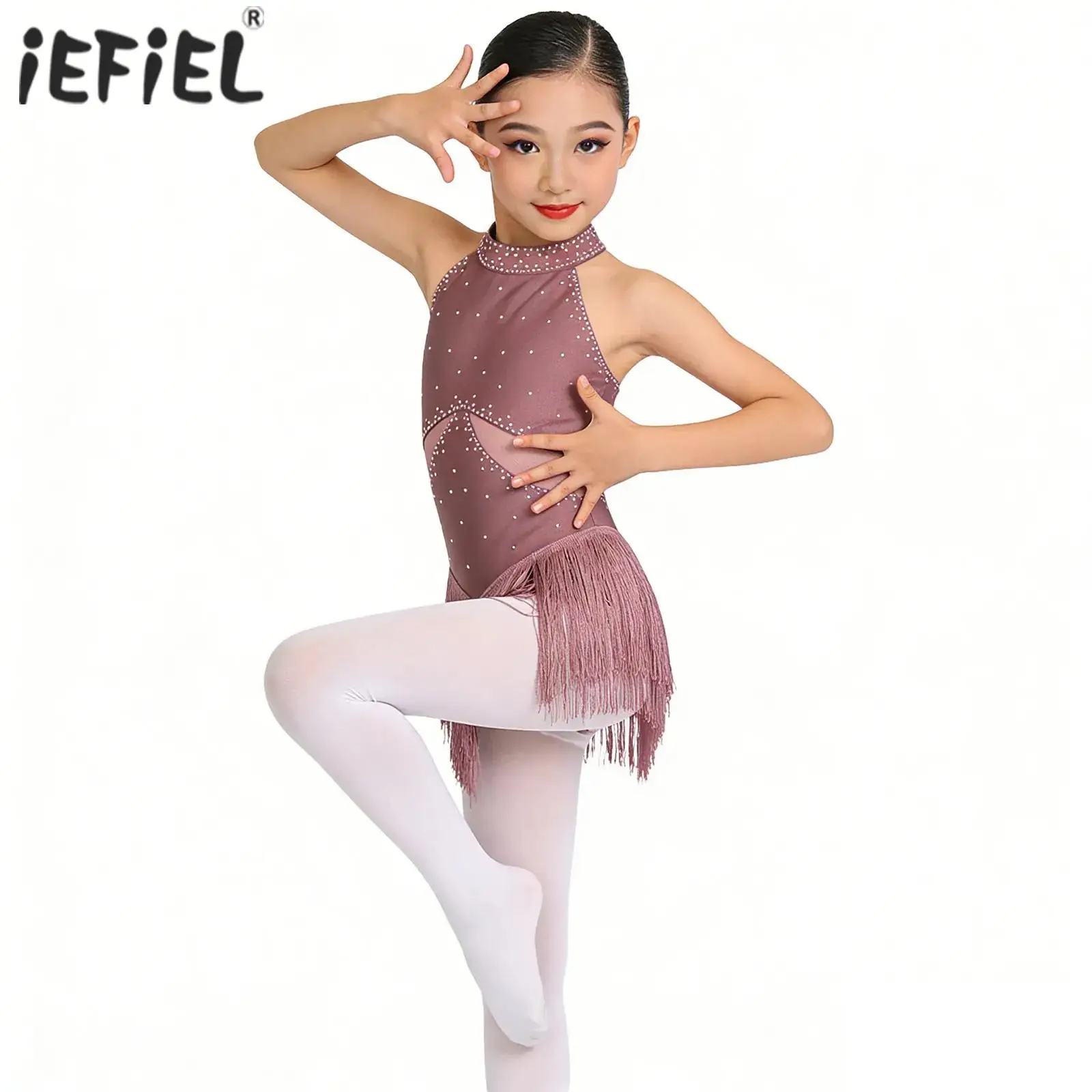

Kids Girls Gymnastics Ballet Jersey Latin Dance Costumes Glittery Rhinestones Artistic Skating Dress Tassel Leotards Bodysuit