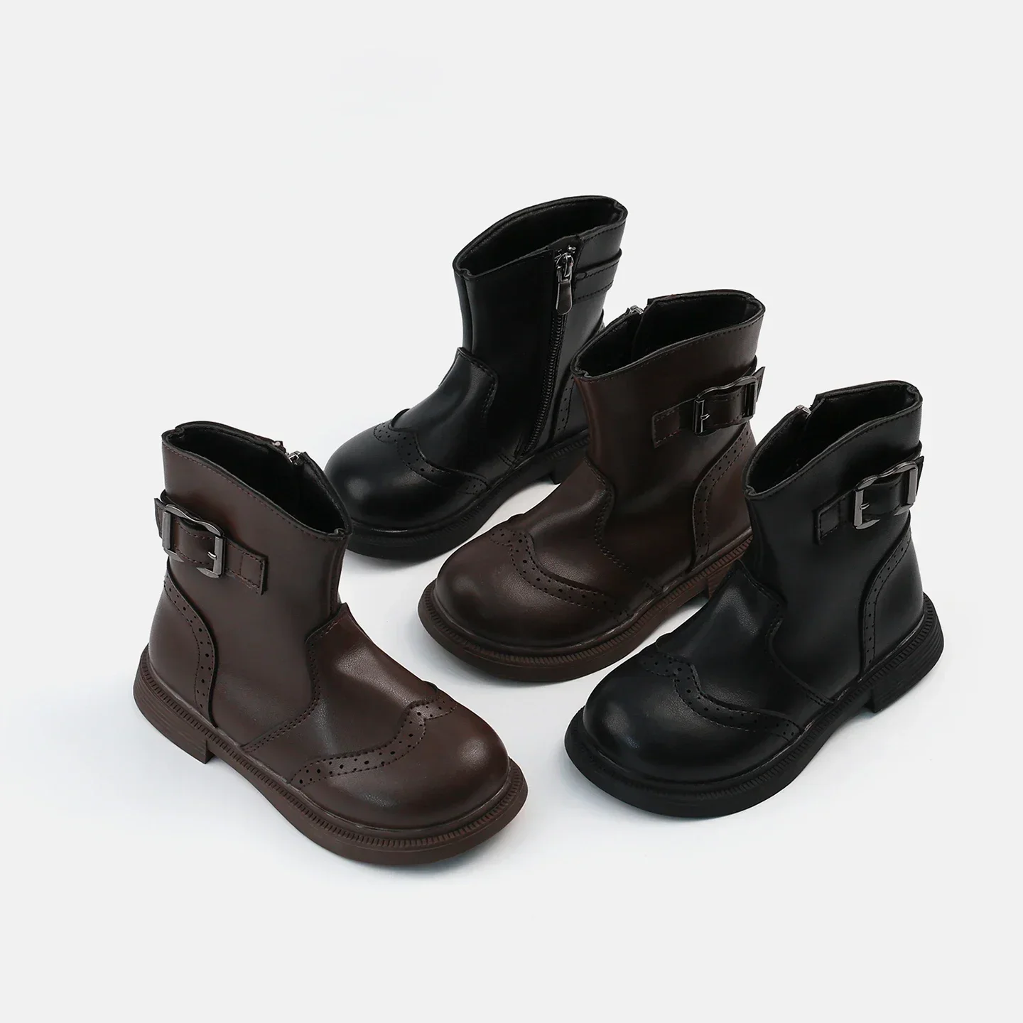 Girls Brogue Perforated Mid-Calf Boots, PU Leather Metal Buckle Decor Inner Zipper Thick Non-Slip Sole Retro