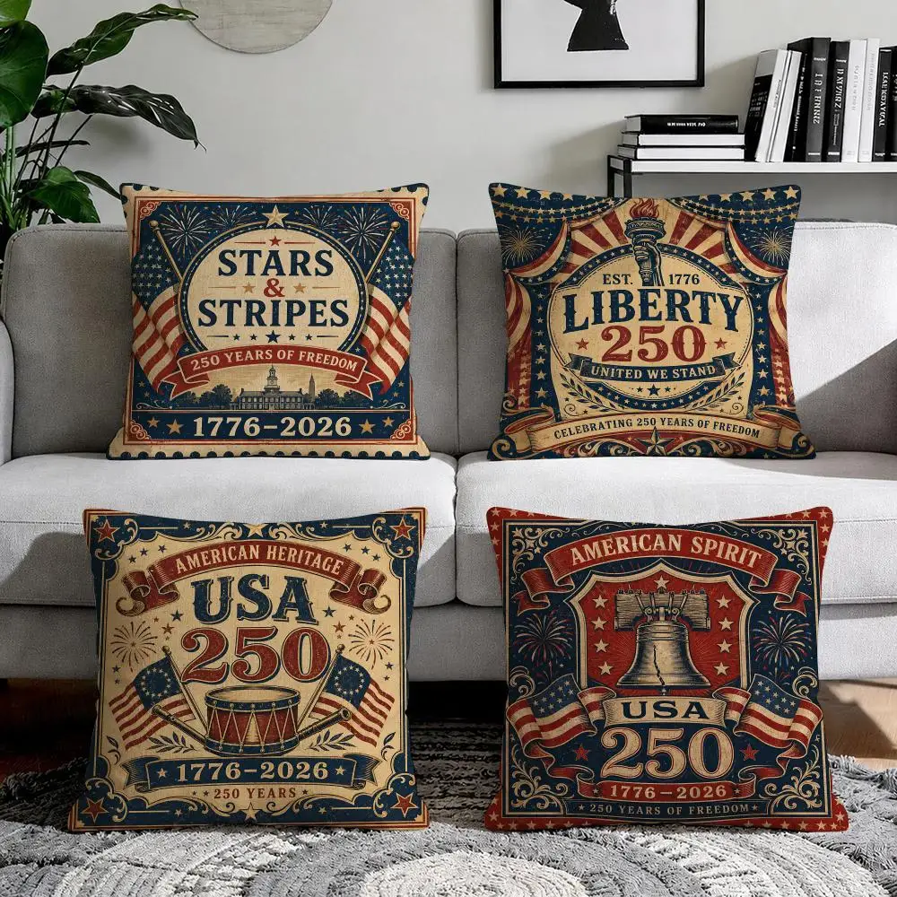 USA 250 Patriotic 1776-2026 Independence Cushion Cover Natural Breathable Durable Linen Printed Decor Pillow Case Sofa Bedroom