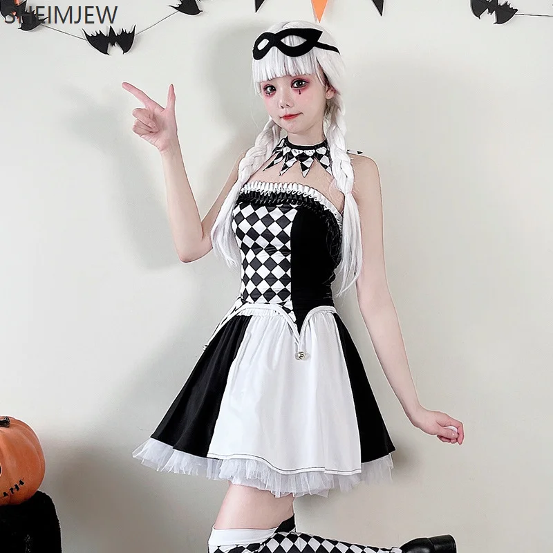 2025 Halloween Costumes Circus Clown Cosplay  Performance Gothic Halloween Circus Costumes Black And White Matching Cute Set - Image 3