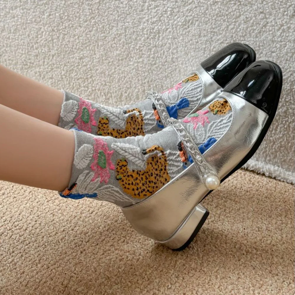 5 Pair Soft Casual Lady Socks Personality Street Style Women Socks Set Cartoon Animal Autumn Winter Fashion Flowers Home Socks