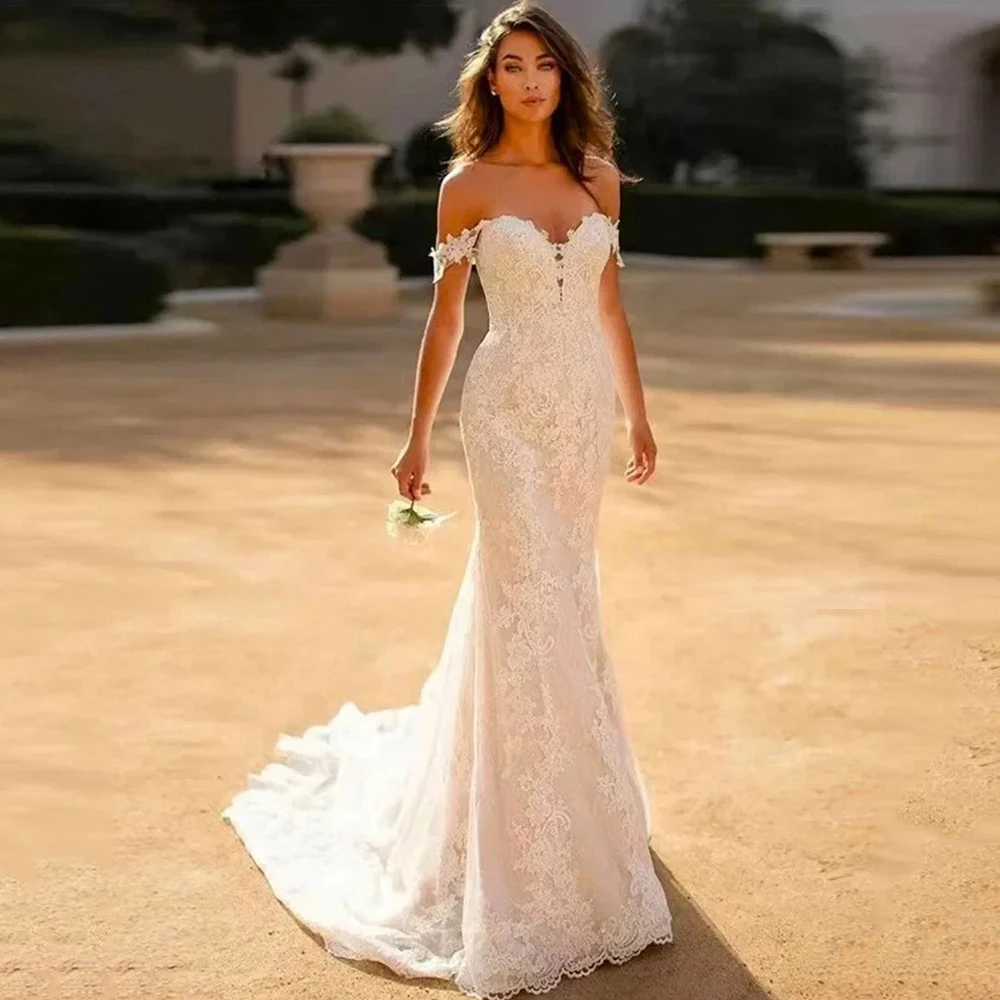 Vestidos de novia elegantes de sirena personalizados con hombros descubiertos, cuello en V, Apliques de encaje, tren de barrido, Vestido de novia sin espalda