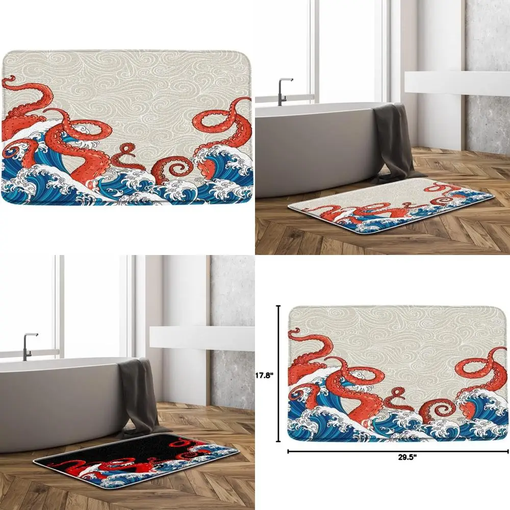 

Коврик для ванной с красными щупальцами Kraken: дизайн океанской волны с искусством синей морской жизни