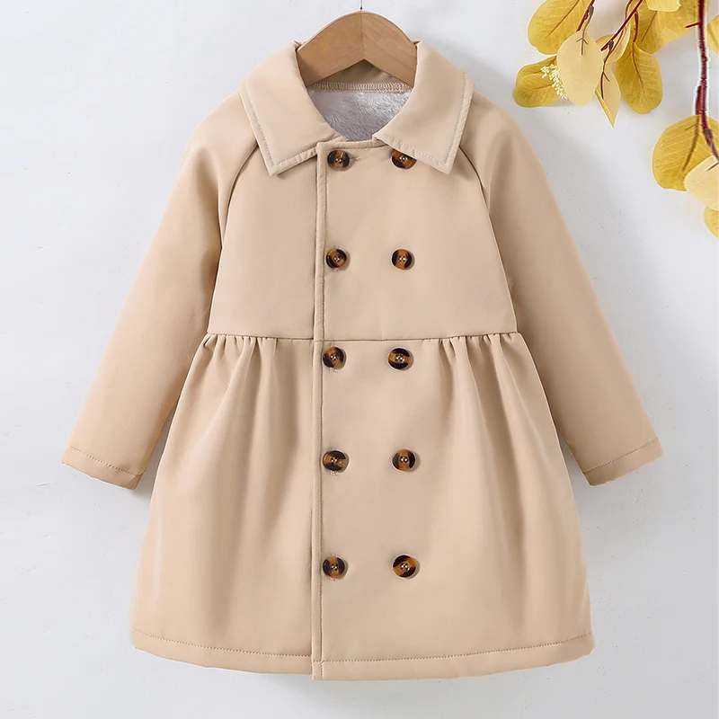 Girls Casual Fashion Double Breasted Fleece Windbreaker Children\'s Autumn and Winter Coat