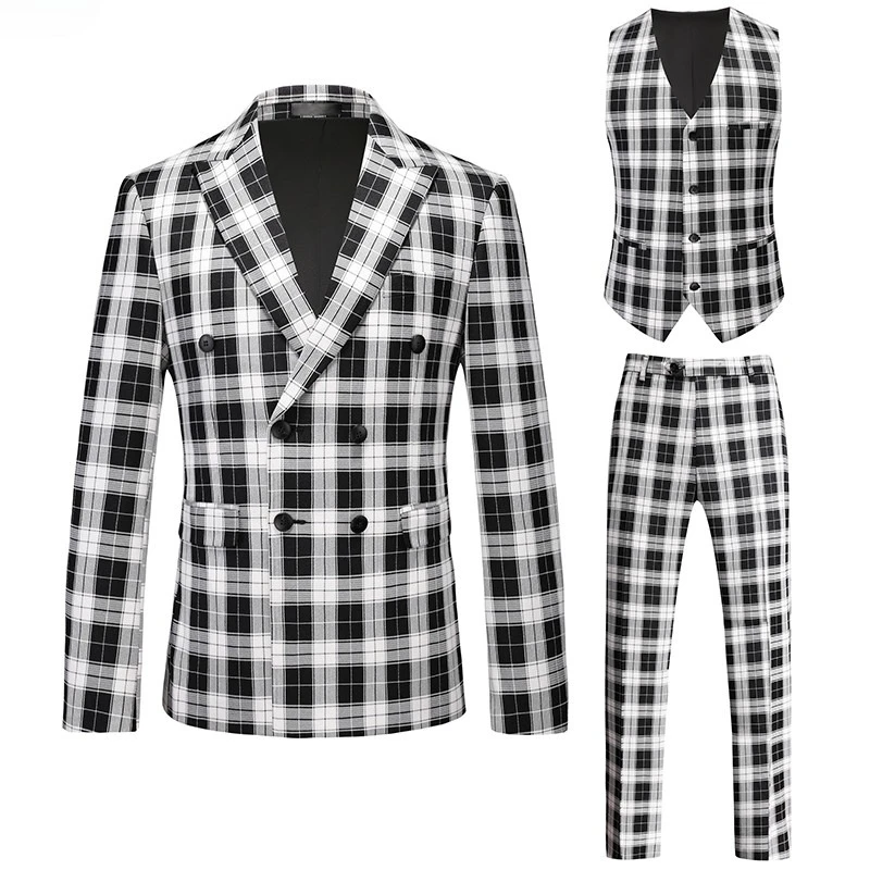 

Pink Men's Plaid Three-Piece Suit Wedding Party Formal Jacket with Vest and Trousers Stylish Slim-Fit StripedSuit European Sizes