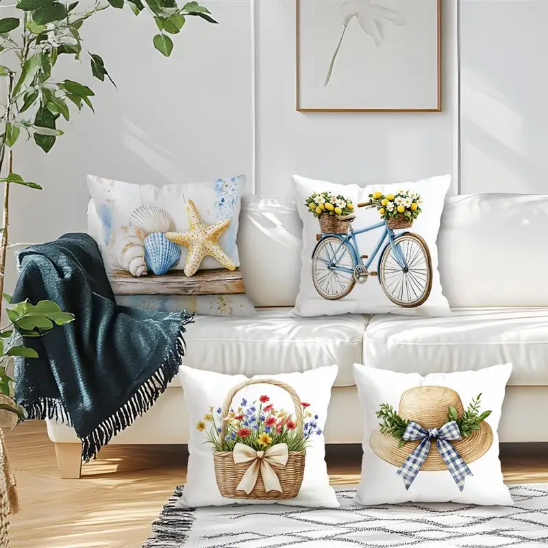 Home Decor Seashells, Bicycle & Floral Pattern Pillows Pattern Cushion Cover Suitable for Sofa Bedroom Car Pillow Cover