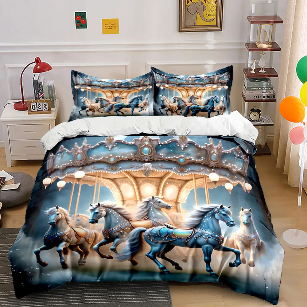 Enchanting Carousel Horses Duvet Cover Set with 3D Printing Design Soft Polyester Bedding Set All-Season Comfort for gifts
