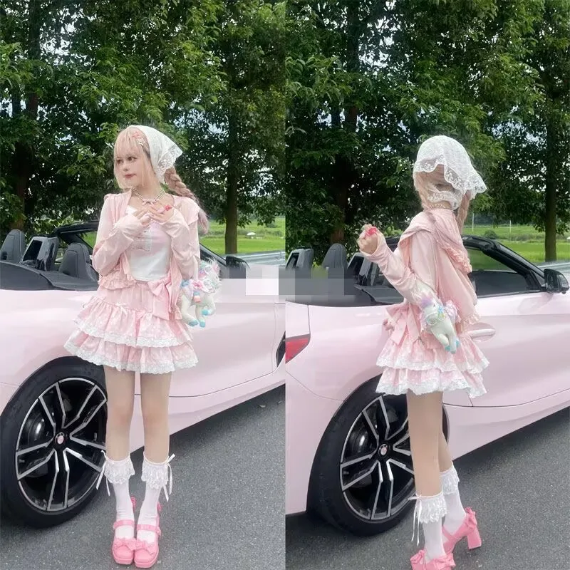 النمط الياباني لوليتا الكشكشة كعكة تنورة صغيرة القوطية الصيف النساء البولكا نقطة طباعة الوردي تنورة Kawaii الفتيات الكورية القوس Y2k تنورة #3