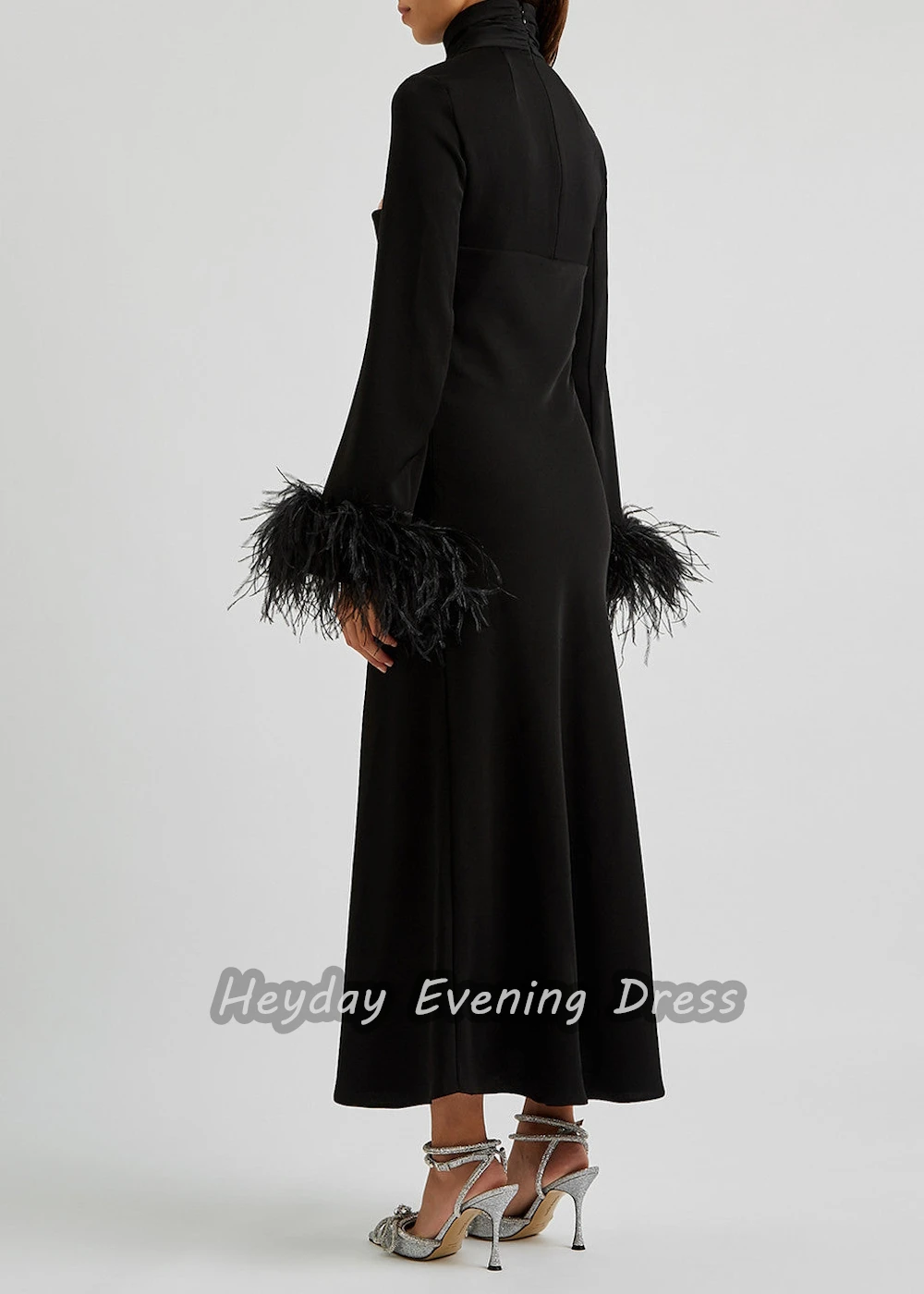 Heyday السعودية Feathers O-Neck Crepe Straight Long Sleeves Fashion Ankle Length Elegant Prom Dress For luxurious Woman 2024