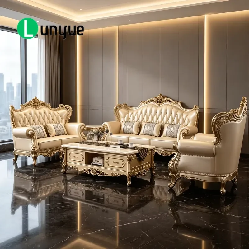 European Royal Luxury Leather Sofa Hand Carved Gold Veneer Classic Living Room Furniture for Villa Hotel Home Wholesale
