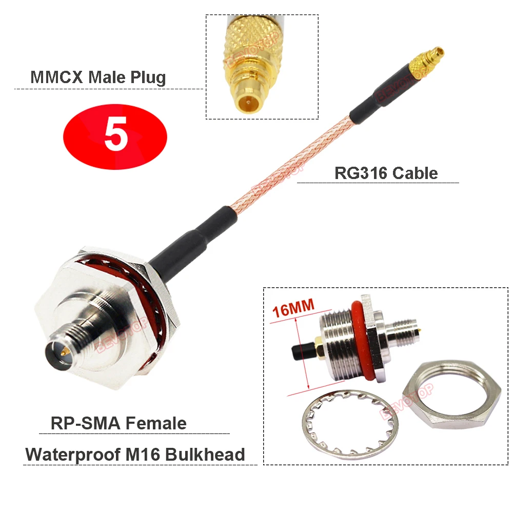 1PCS SMA to MMCX RG316 Cable Waterproof M16 SMA / RP-SMA Female to MMCX Male/ Female Connector RF Coax Extension Jumper BEVOTOP