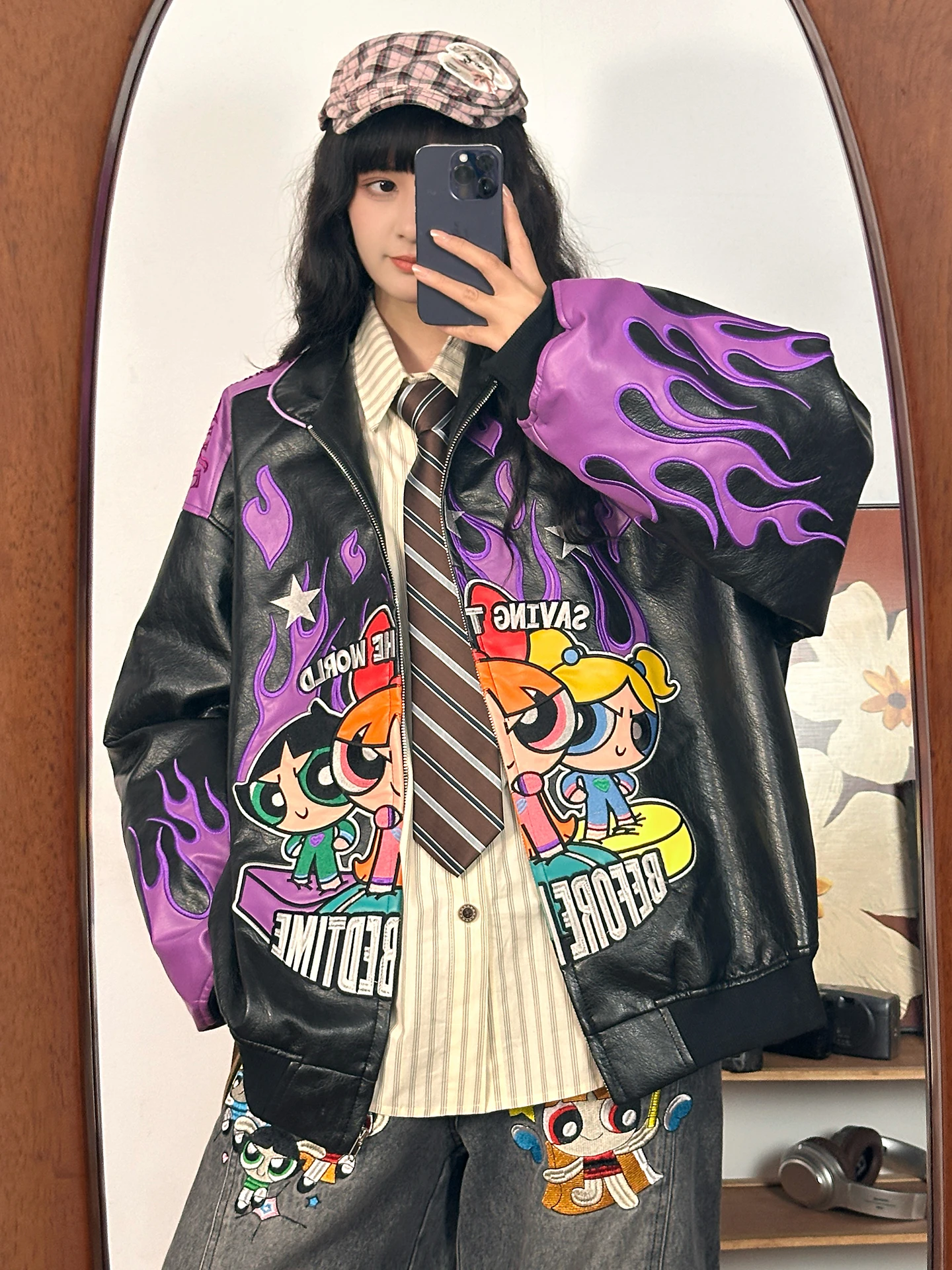 Original American Retro Fire Girl Embroidered Patchwork Leather Jaet Women's Trendy Streetwear Warm Long Sve Zipper Coat