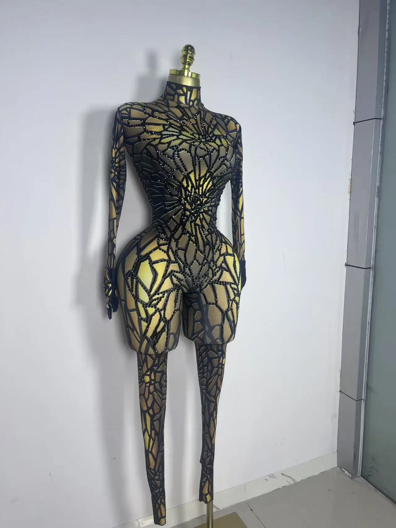 Club Evening Party Birthday Wear Singer Dancer Stage Perform Costume Women Sexy Black Rhinestone Stretch Bodycon Jumpsuit