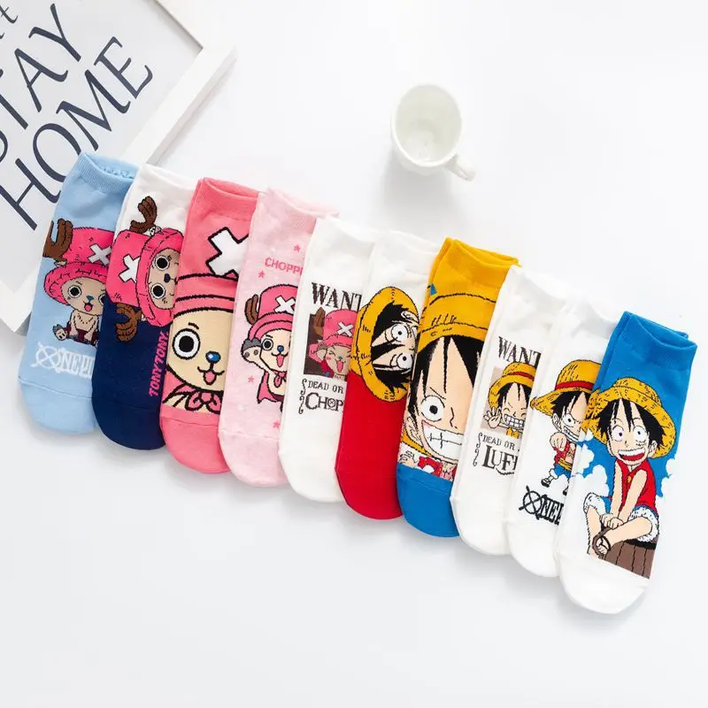 5 Pairs/Lot ONE PIECE Men‘s Boat Socks Luffy Chopper Anime Figure Cartoon Low Socks for Women Spring Summer 100% Cotton Socks