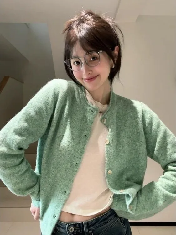 Hortelã een redondo ne aberto cardigan camisola primavera outono novo sle coreano versátil algemado outerwear casaco superior