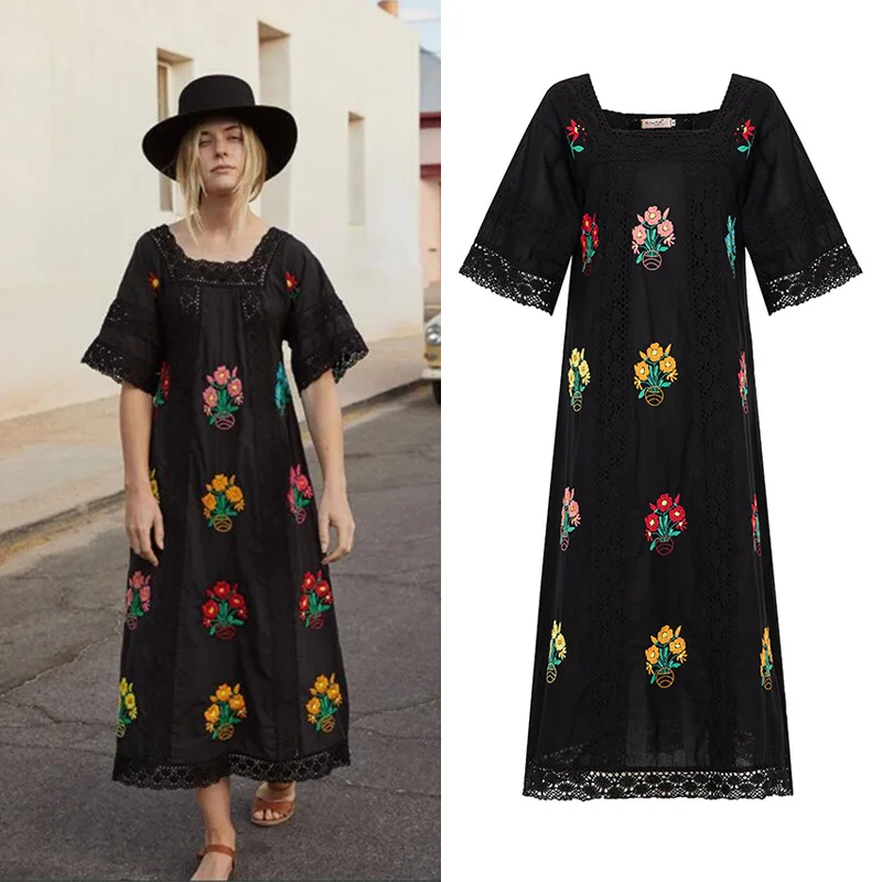 Abito lungo Boho floreale ricamato con scollo quadrato in pizzo all'uncinetto scollato Abito lungo estivo da donna per le vacanze al mare