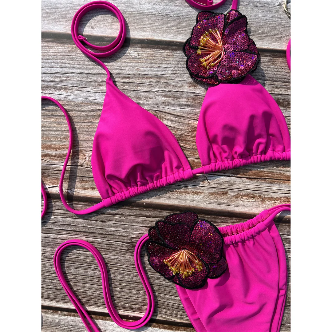 Sexy 3D-Blumen-Neckholder-Bikini mit Trägern, Damen-Badeanzug, zweiteiliges Bikini-Set, gepolsterter Badeanzug, Badebekleidung, Schwimmanzug V6835 – Detail 13