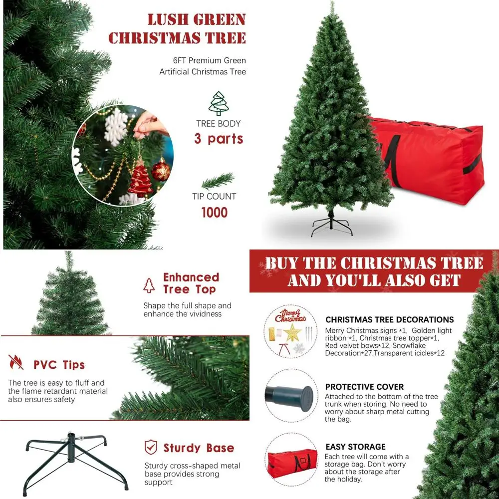 

6-Foot Deluxe Spruce Artificial Christmas Tree with 1000 PVC Tips, Foldable Base, Easy Assembly for Home or Office Decor
