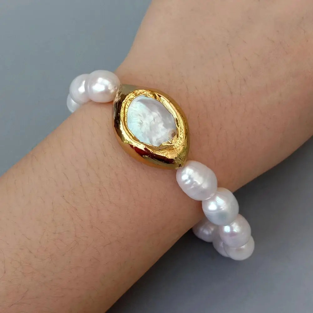 YYGEM  9x11mm Natural  White Rice Freshwater Pearl 20x30mm Cultured Keshi Pearl Gold Plated Elastic Bracelet