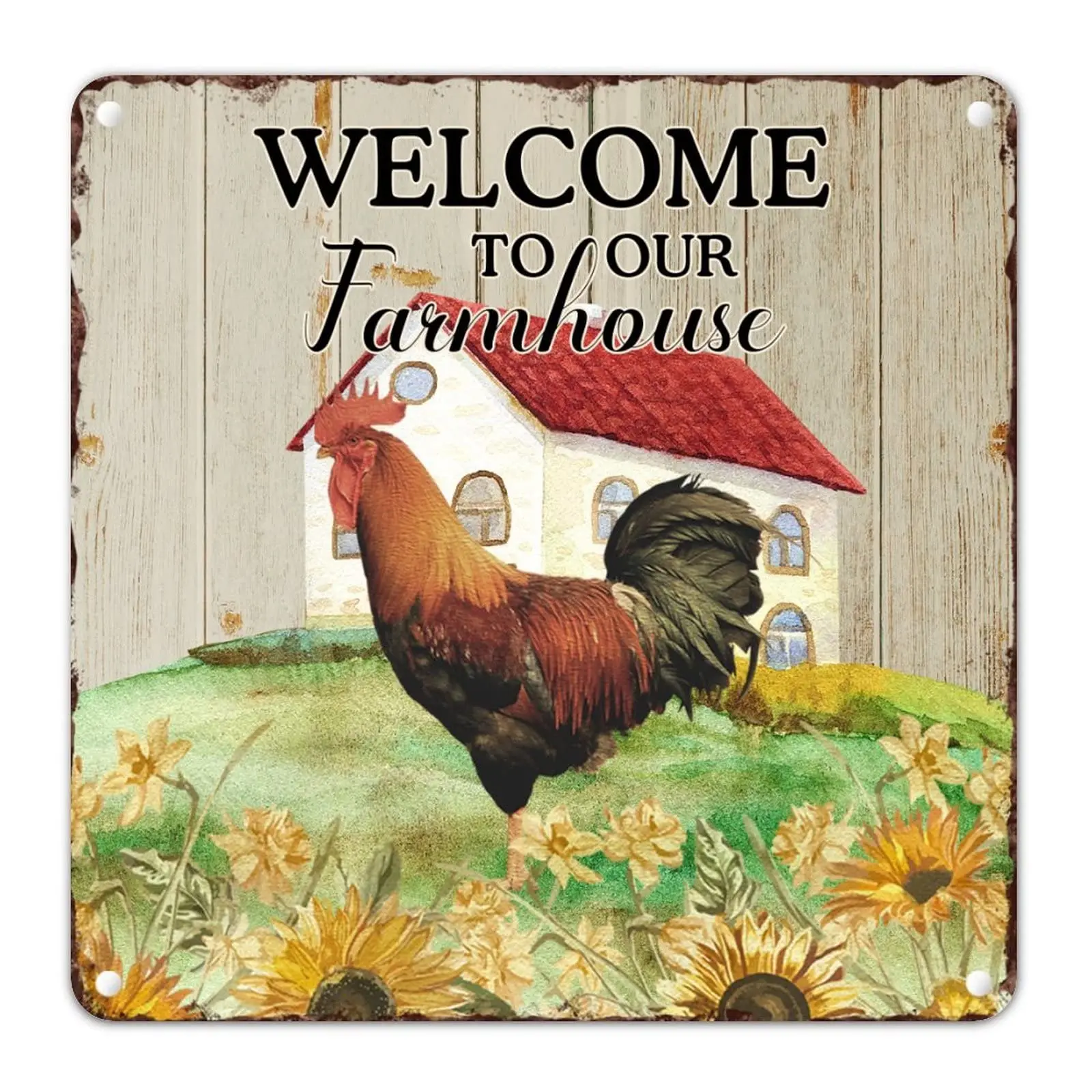 Welcome to Our Farmhouse Tin Sign Rooster Sunflower Meal Sign Unique Farmhouse Garden Sign Southern Style Art Fall Decorations f